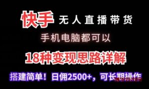 快手无人直播带货，手机电脑都可以，18种变现思路详解，搭建简单日佣2500+-博学技术网