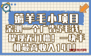 薅羊毛小项目，亲测一个广告5毛钱，提现无门槛！一块手机最高收入140！-博学技术网