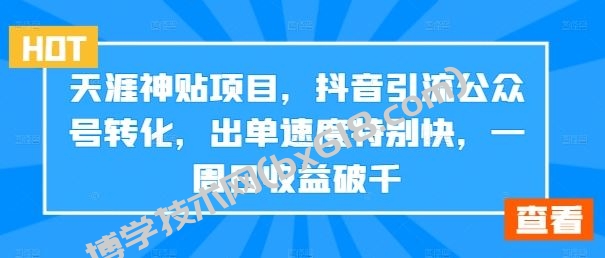 天涯神贴项目，抖音引流公众号转化，出单速度特别快，一周日收益破千-博学技术网